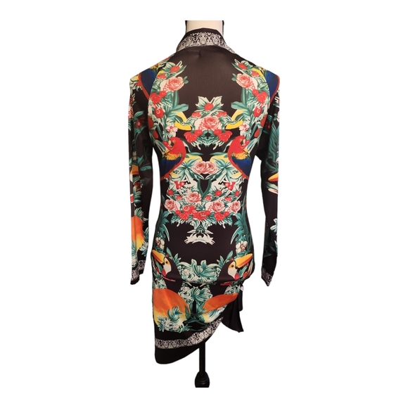 CBR Multicolor Black Front Zipper Tropical Print Knotted Irregular Mini Dress S - Picture 6 of 9